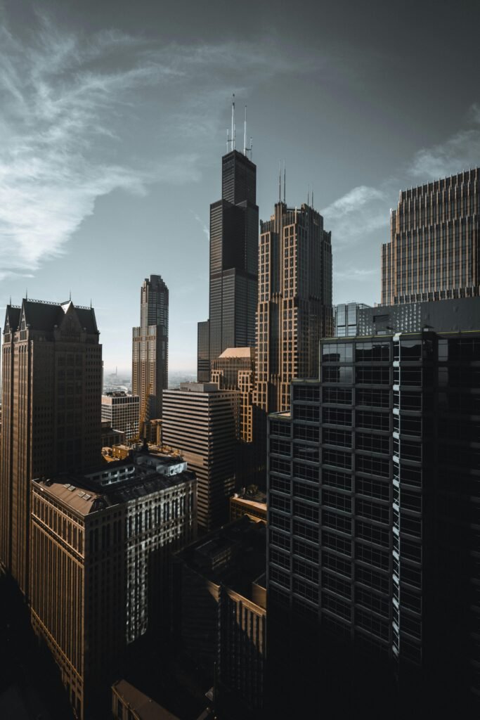 Elevated view of Chicago's modern skyline with the iconic Willis Tower.