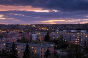 Sunset over residential area of Hloubetin, Prague